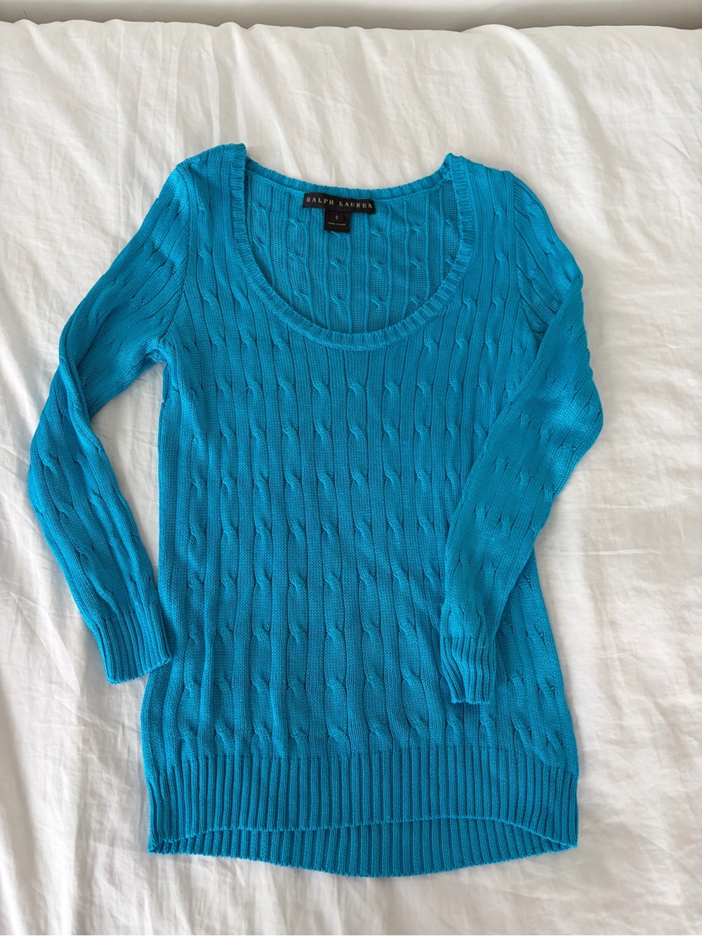 Ralph Lauren Scoop-Neck Cable-Knit Sweater — Turquoise Blue